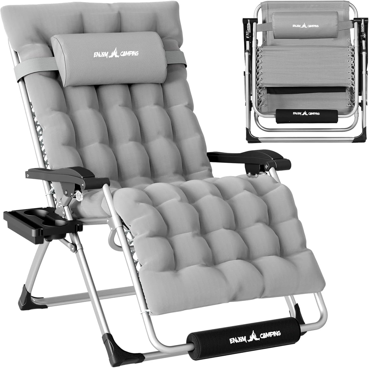 Amopatio Outdoor Zero Padded Gravity Chair 25" Seat Width, XXL Camping Lounge Chairs w/Cushion, Folding Reclining Patio Chair for Outside Deck, Yard, Porch, Pool, Light Grey