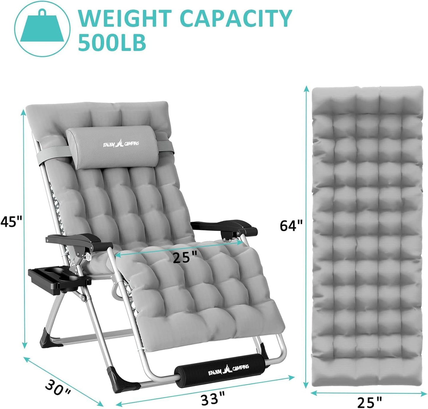 Amopatio Outdoor Oversized Zero Gravity Chair with Cushion, 33''W Folding Patio Reclining Camping Lounge Chair with Cup Holder/Headrest/Footrest for Indoor Backyard Sunbathing Relaxing