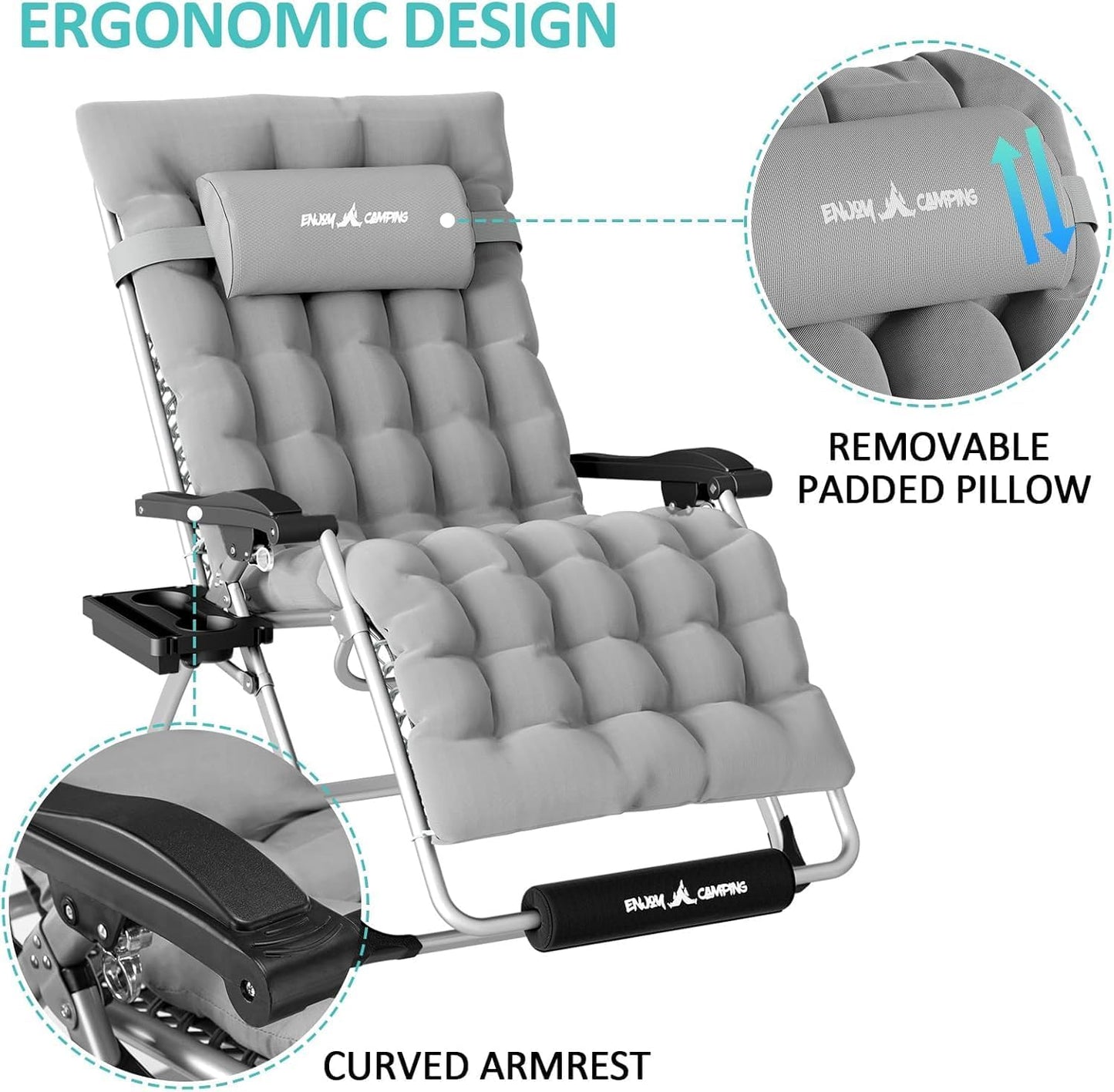 Amopatio Outdoor Oversized Zero Gravity Chair with Cushion, 33''W Folding Patio Reclining Camping Lounge Chair with Cup Holder/Headrest/Footrest for Indoor Backyard Sunbathing Relaxing