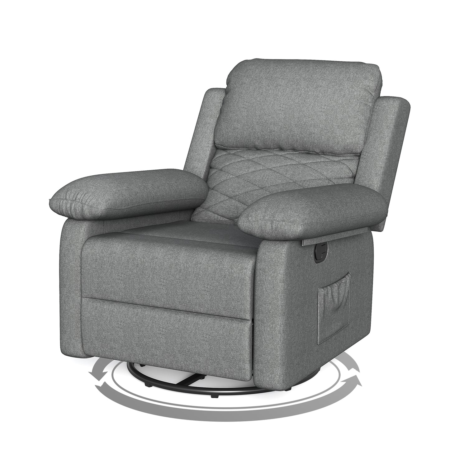 Glider Recliner for Adult Indoor Upholstered Lounge Nursery Chair Swivel Single Sofa with Side Pockets for Living Room Bedroom(Grey)