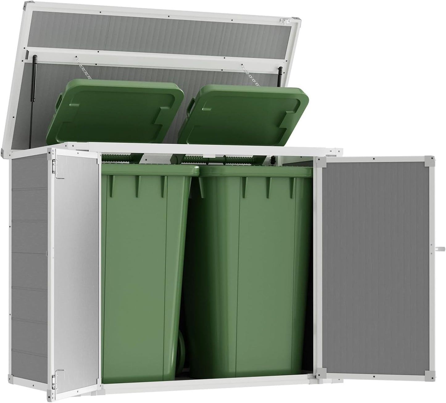 Amopatio 41 Cu Ft Outdoor Storage Shed, Horizontal Resin Trash Can Storage, Weather Resistance, Storage Box with Floor Included for Garden Tools, Lawn Mowers, Garbage Cans, Patio Use, Grey & White