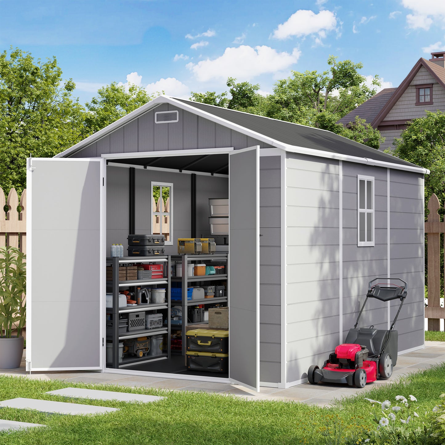 Amopatio 8X10 FT Outdoor Resin Shed, Outdoor Plastic Storage Shed with Floor Included for Bike, Garden Tools, Sheds & Outdoor Storage with Lockable Door, Window & Vents, Grey & White