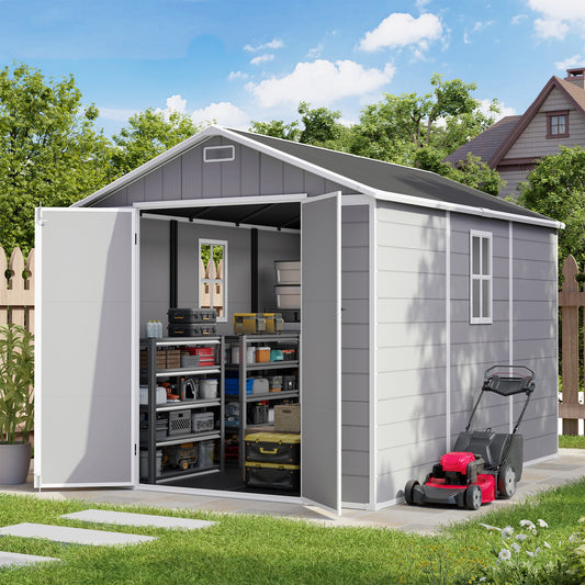 Amopatio 8X10 FT Outdoor Resin Shed, Outdoor Plastic Storage Shed with Floor Included for Bike, Garden Tools, Sheds & Outdoor Storage with Lockable Door, Window & Vents, Grey & White