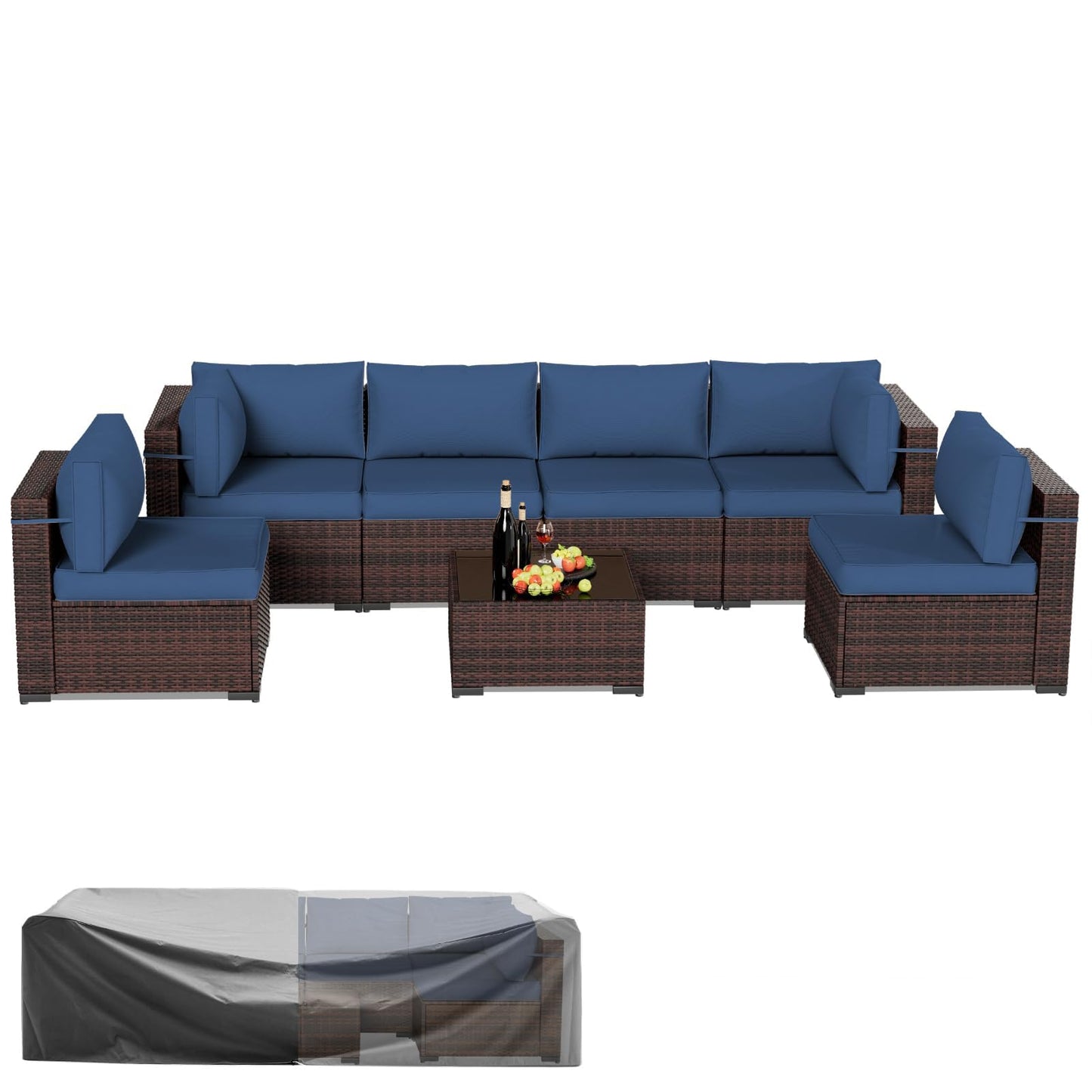 Amopatio Patio Furniture Set Modular Outdoor Sectional 7 Piece Wicker Patio Set, Multiple Combinations Outdoor Sofa w/Coffee Table, Waterproof Cover Included, Navy Blue