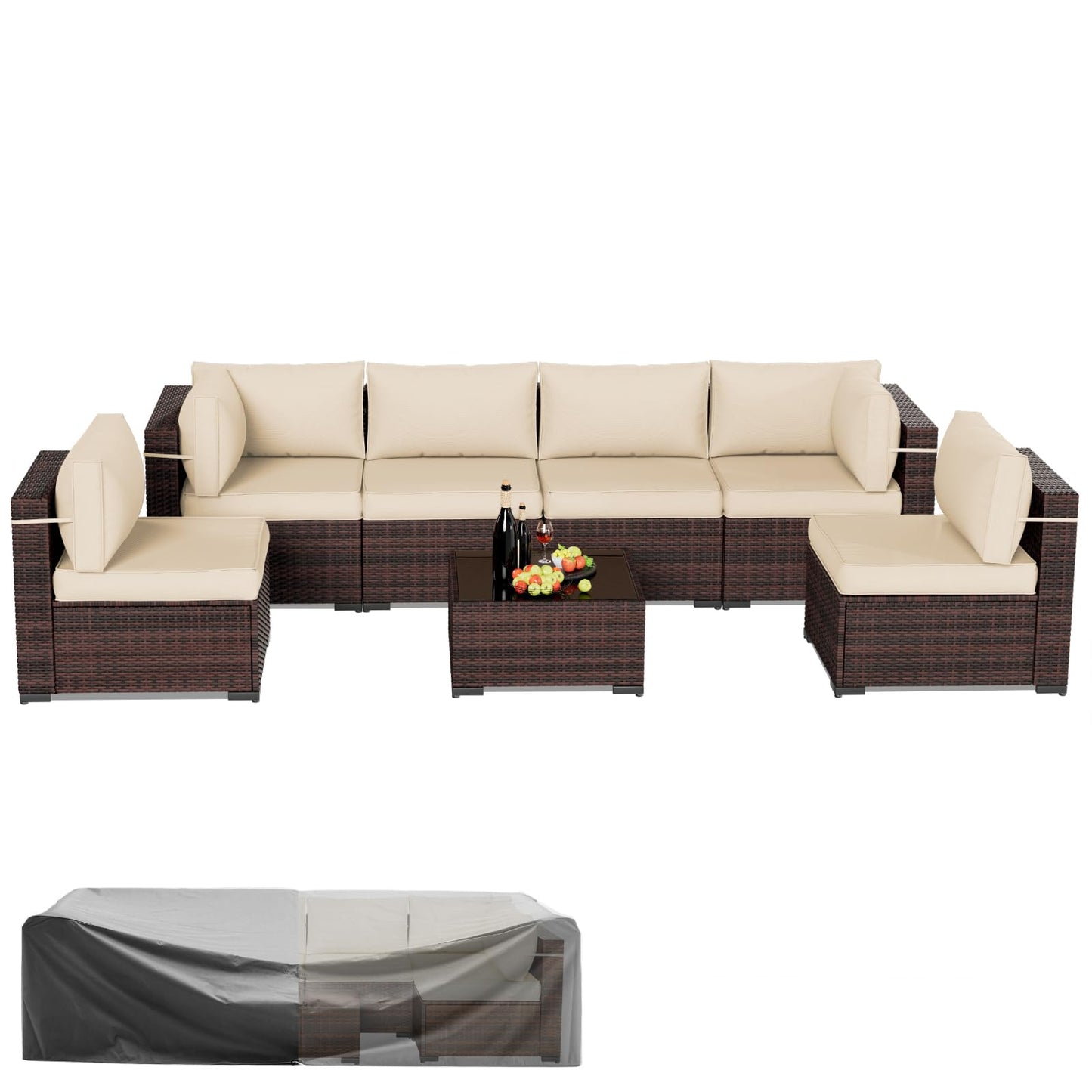 Amopatio Patio Furniture Set 7 Pieces Patio Conversation Set Outdoor Sectional Wicker Rattan Sofa with All-Weather Cover, Patio Furniture with Pillows Fits Porch Garden Backyard Balcony (Cream)