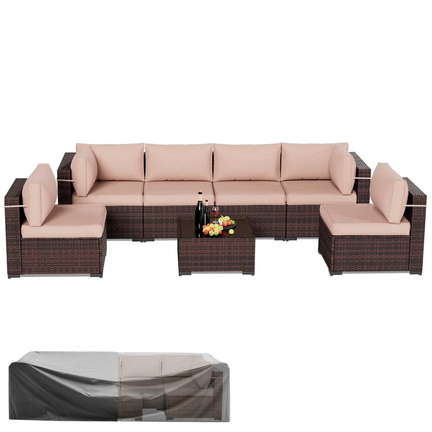 Amopatio Outdoor Patio Furniture Set 7 Pieces Patio Conversation Set Sectional Couch Sofa with All-Weather Cover, Glass Table & Thicken Cushion Fits Garden Yard Porch