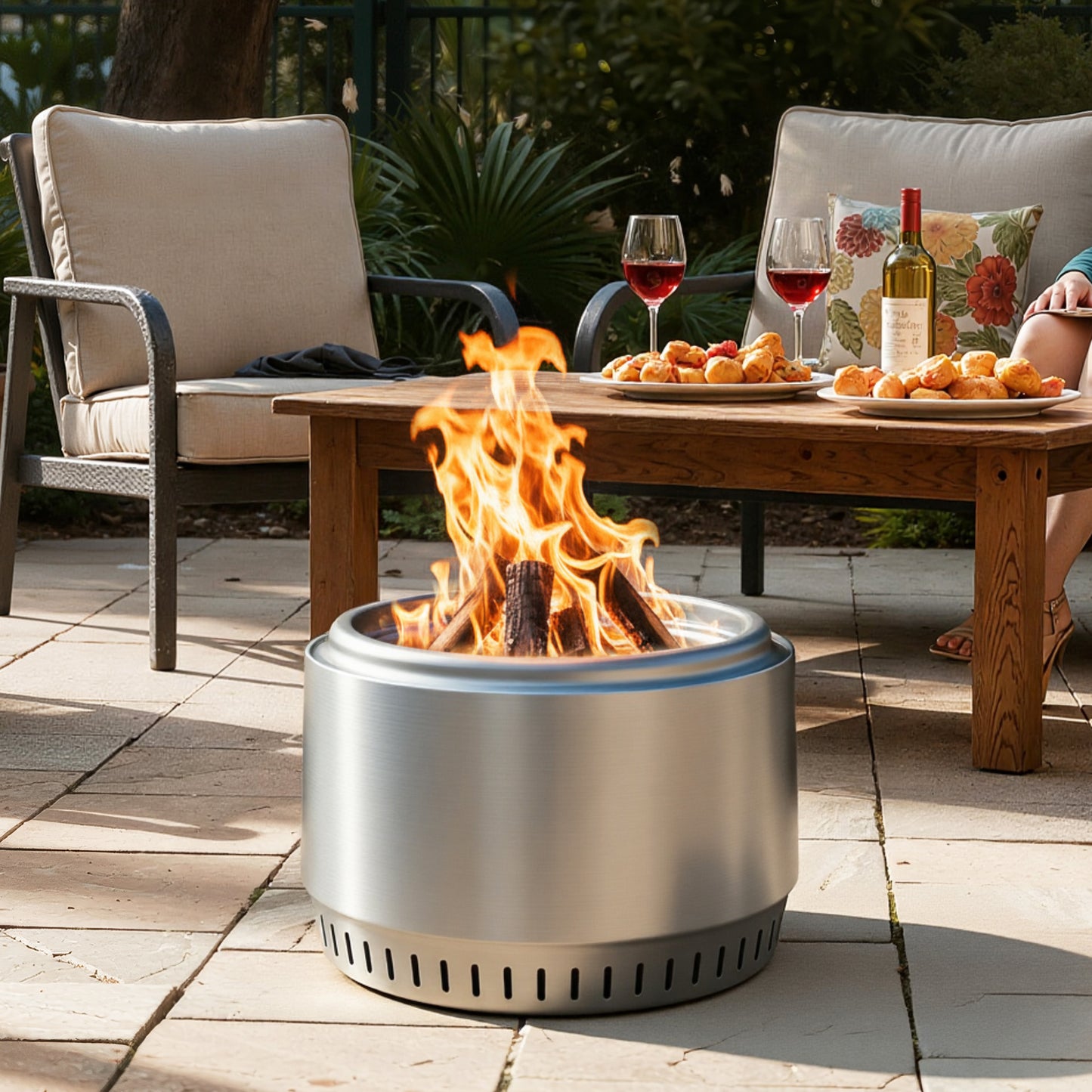 Amopatio Smokeless Fire Pit with Stand, Removable Ash Pan, 21'' Portable Fire Pits with Carry Bag Stainless Steel Wood Burning Outdoor Firepit for Camping Patio & Backyard