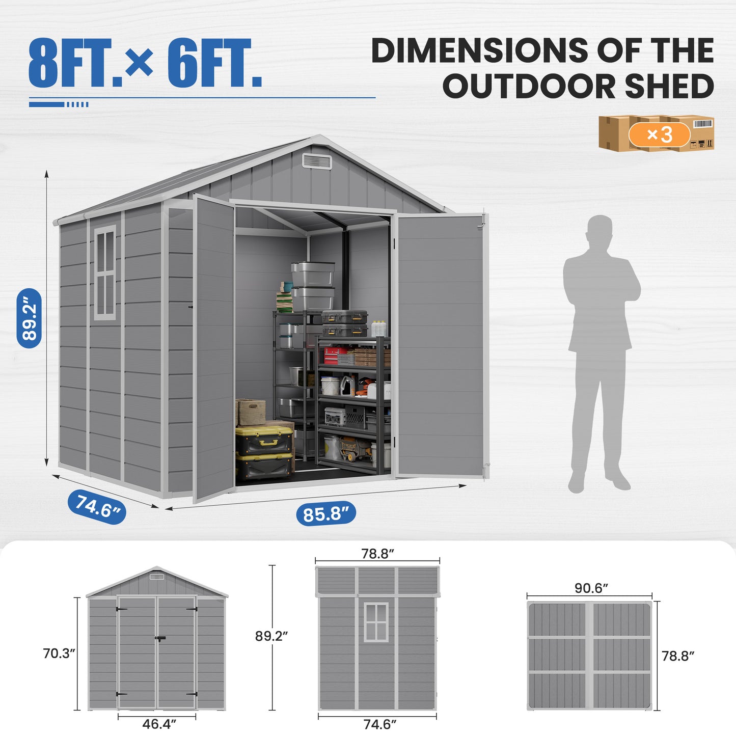 Amopatio 8x6 FT Resin Shed, Outdoor Storage Shed with Floor Included, Plastic Sheds for Bike, Garden Tools, Sheds & Outdoor Storage with Lockable Door, Window & Vents, Grey & White