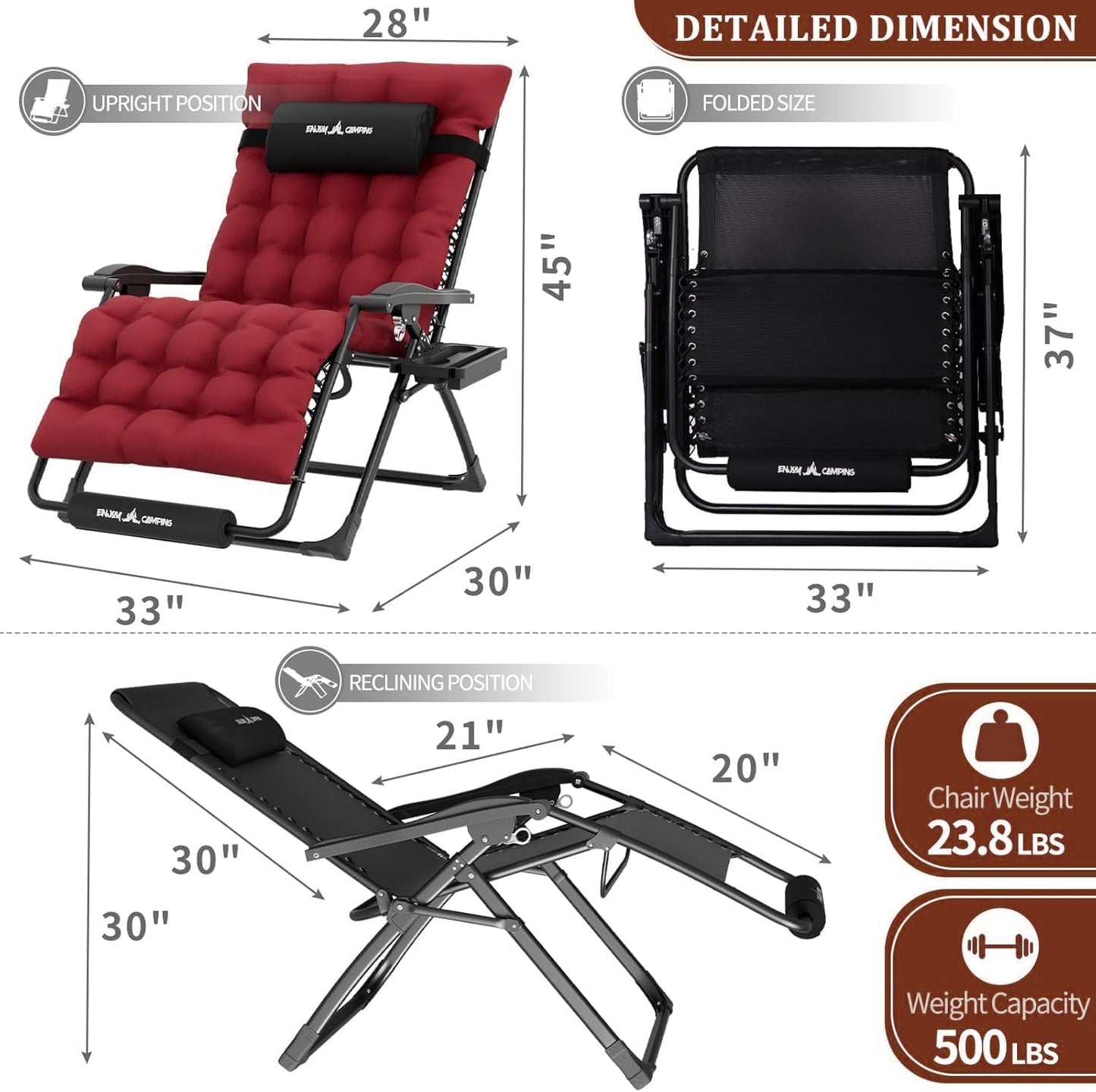 Amopatio Oversized Zero Gravity Chair with Cushion 33''W Folding Patio Reclining Camping Lounge Chair with Cup Holder,Headrest,Footrest for Outdoor Indoor