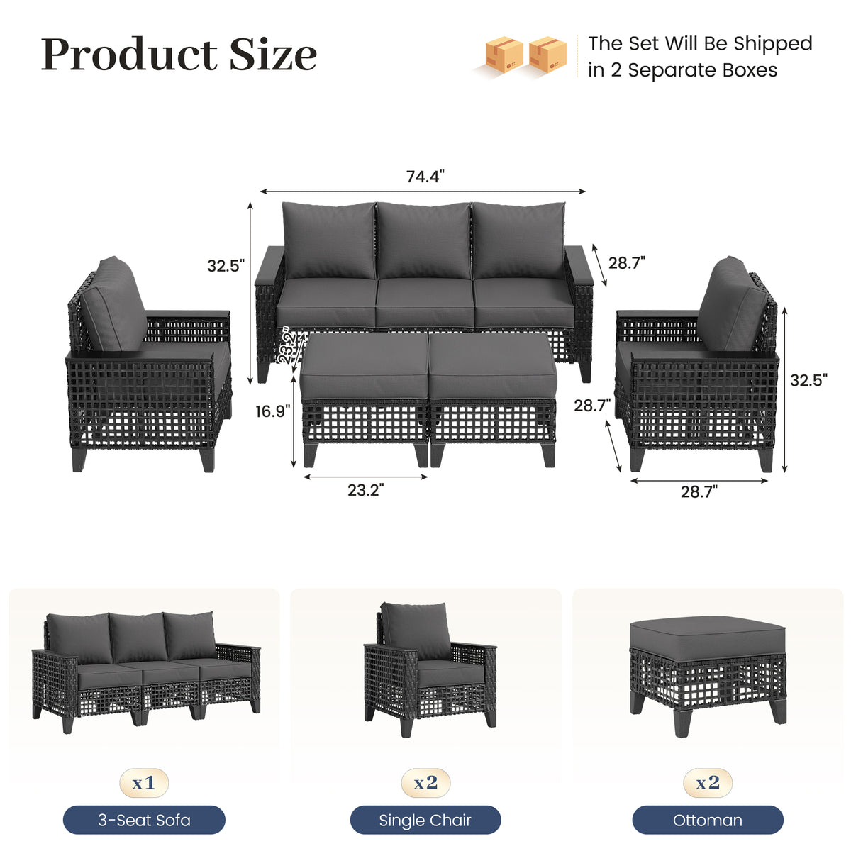 Amopatio Outdoor Patio Furniture Set 7-Piece Wicker Conversation Set, Grey