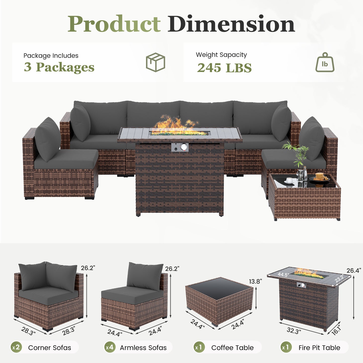 Amopatio 8 Pieces Patio Furniture Set with Fire Pit Table, Dark Grey