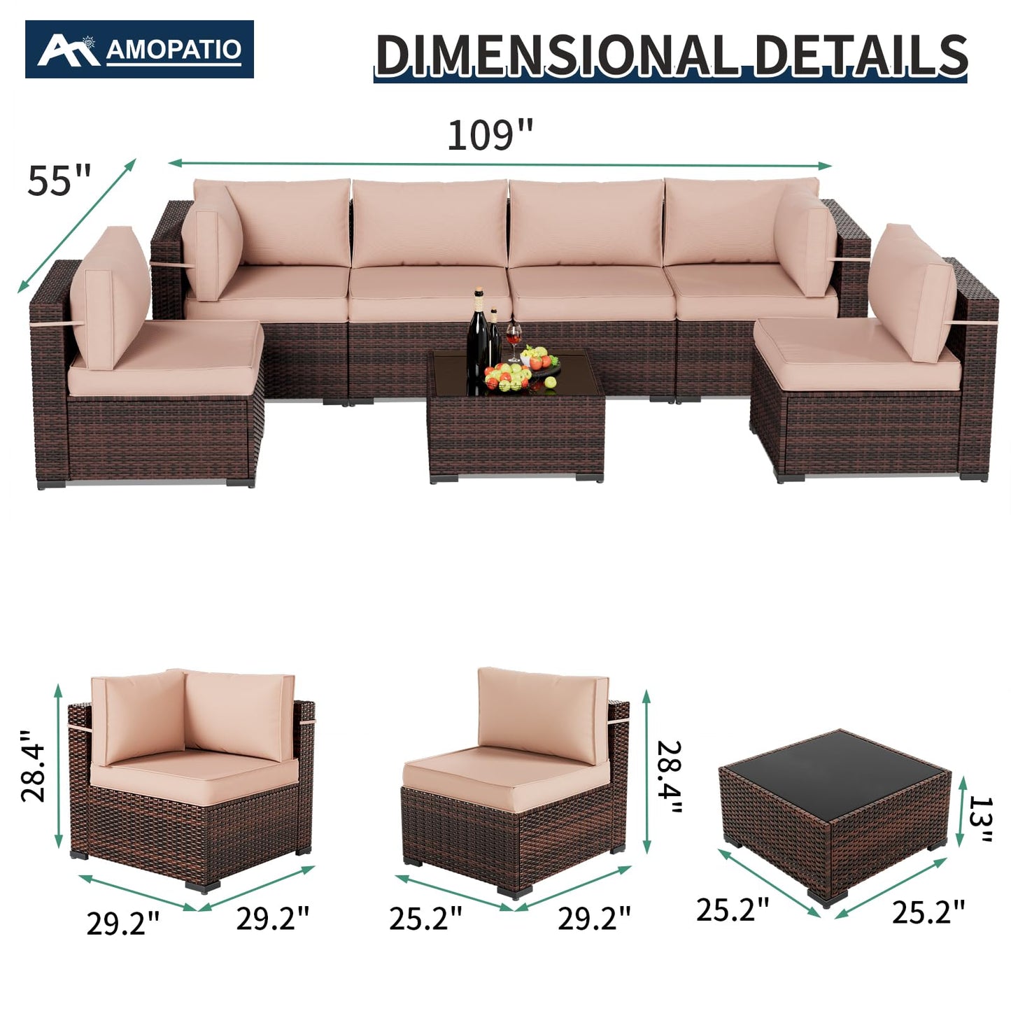 Amopatio Outdoor Patio Furniture Set 7 Pieces Patio Conversation Set Sectional Couch Sofa with All-Weather Cover, Glass Table & Thicken Cushion Fits Garden Yard Porch