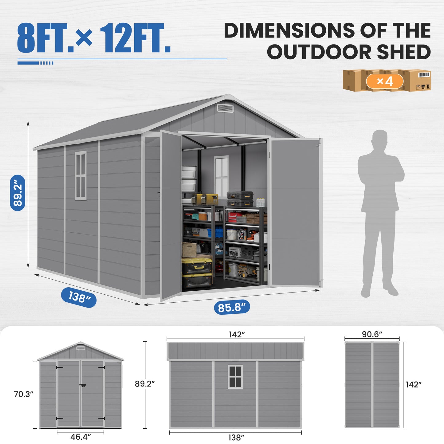 Amopatio 8X12 FT Resin Storage Shed with Floor Included, Plastic Outdoor Shed with Lockable Door, Window & Vents, for Lawnmower, Garden Tools, Pool Supplies, Grey White