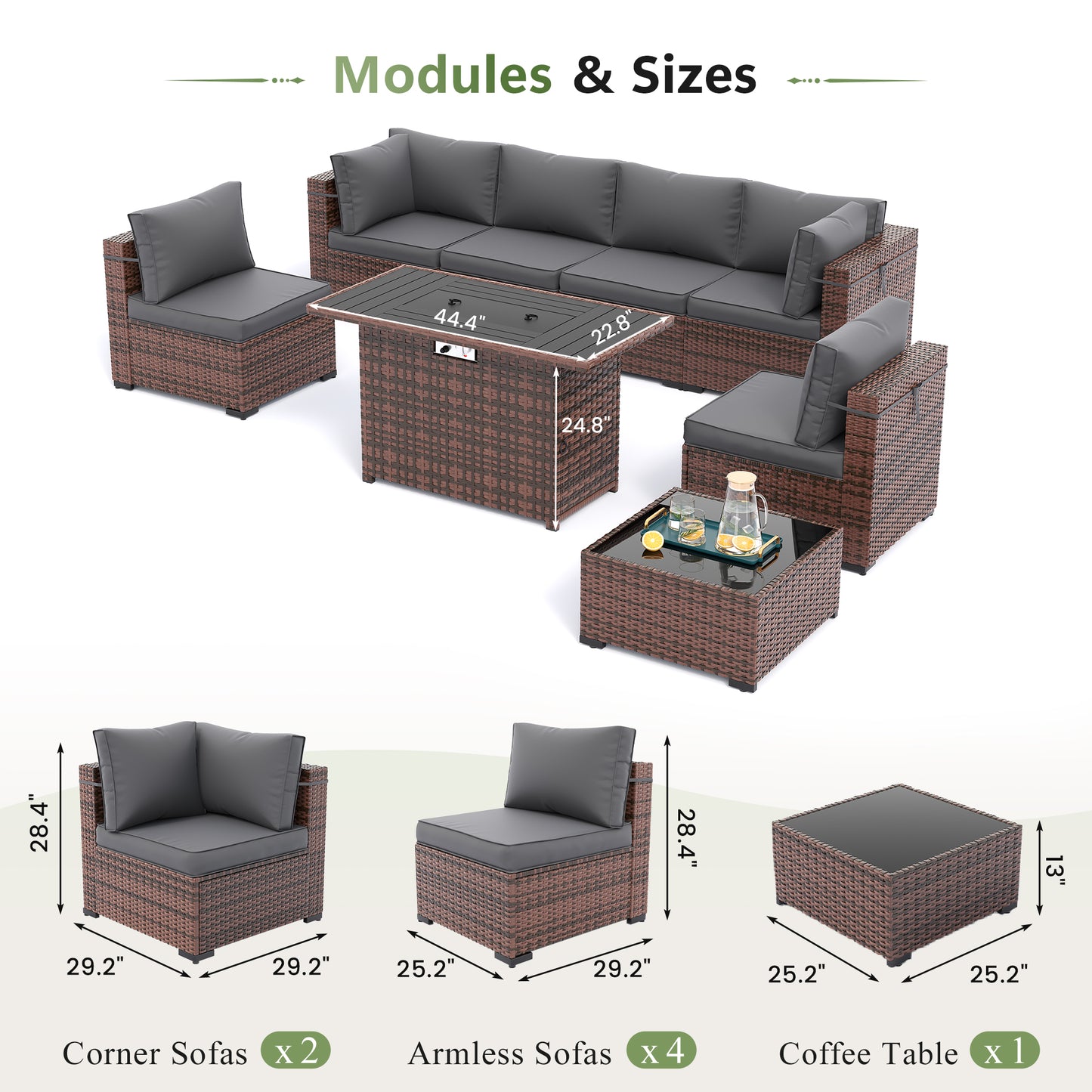 Amopatio 8 Pieces Patio Furniture Set with Fire Pit Table, Outdoor Sectional Conversation Sofa with Waterproof Cover, All-Weather Wicker for Garden, Backyard, Porch, Balcony(Dark Grey)