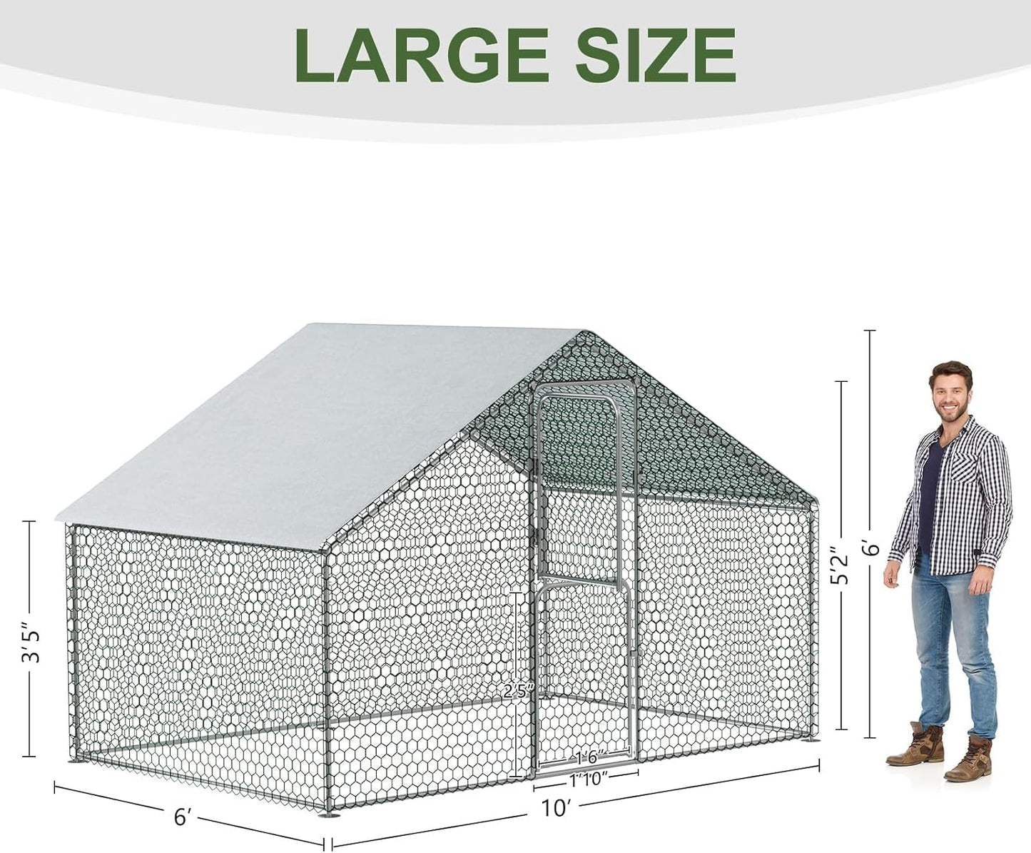 Large Chicken Coop Heavy Duty Walk-in Chicken Run Poultry Cage with Wire Mesh & Weatherproof PE Cover, Chicken Hen for Rabbits Duck(6.5x10x6.5 FT)