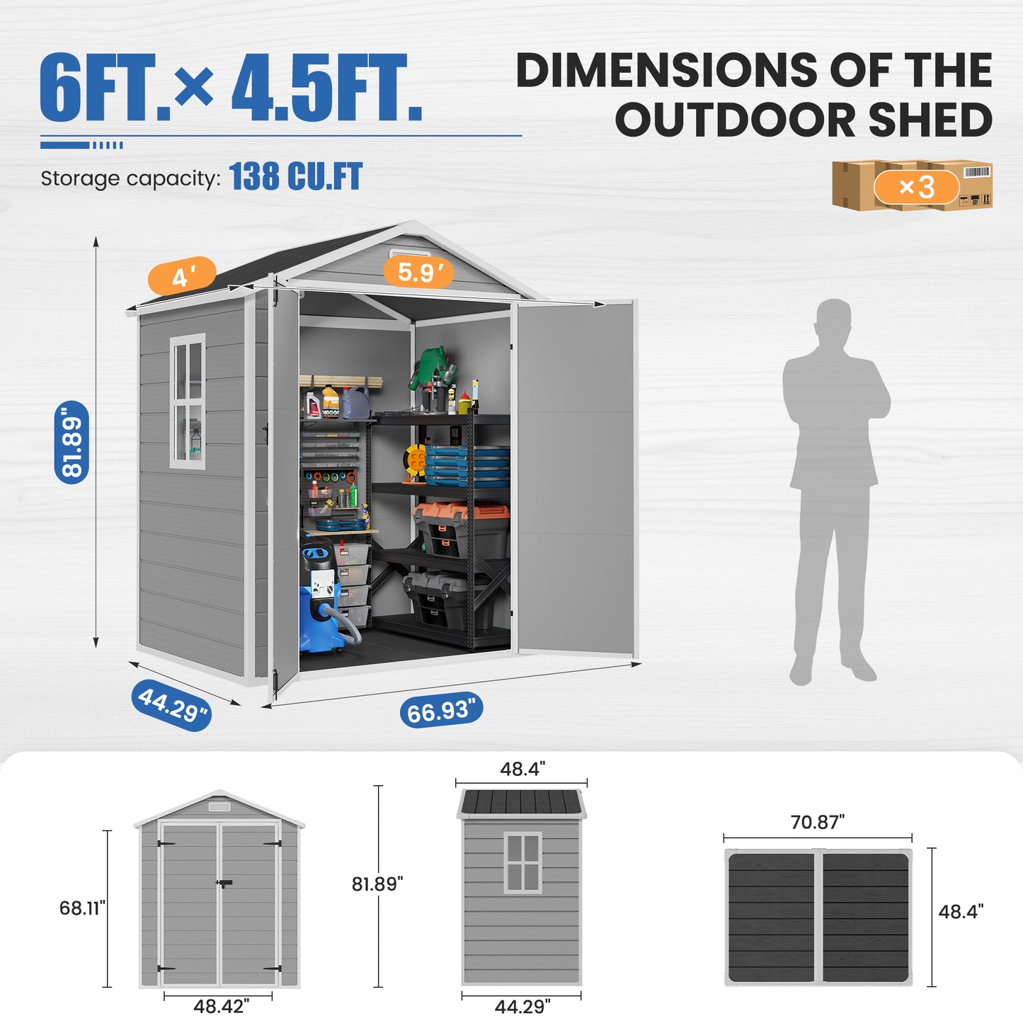 Amopatio 6x4 FT Outdoor Storage Shed with Floor, Grey & White