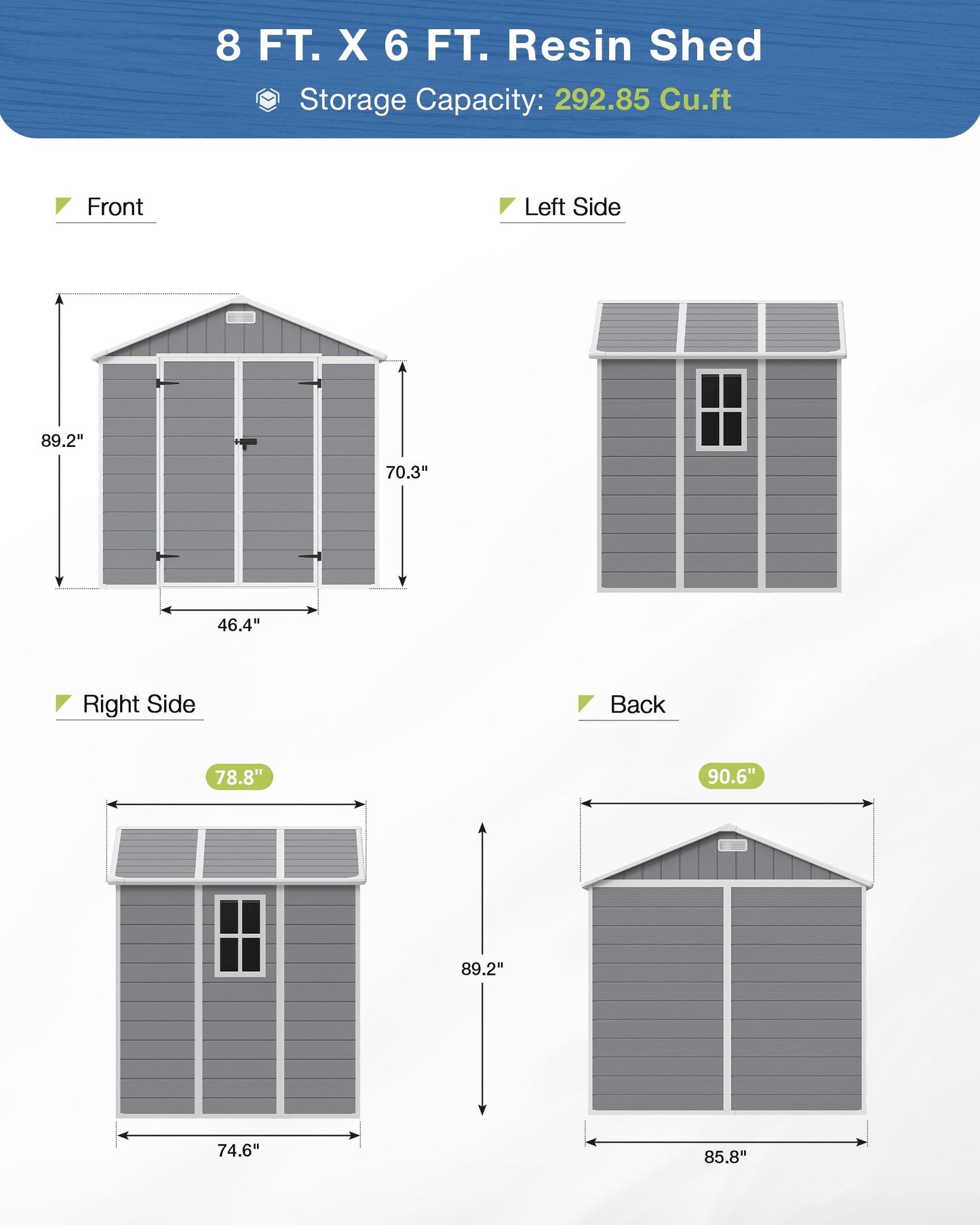 Amopatio Storage Shed 6x8, Resin Outdoor Shed with Floor Included, Plastic Sheds Outdoor Storage for Bike, Garden Tools, Grey & White