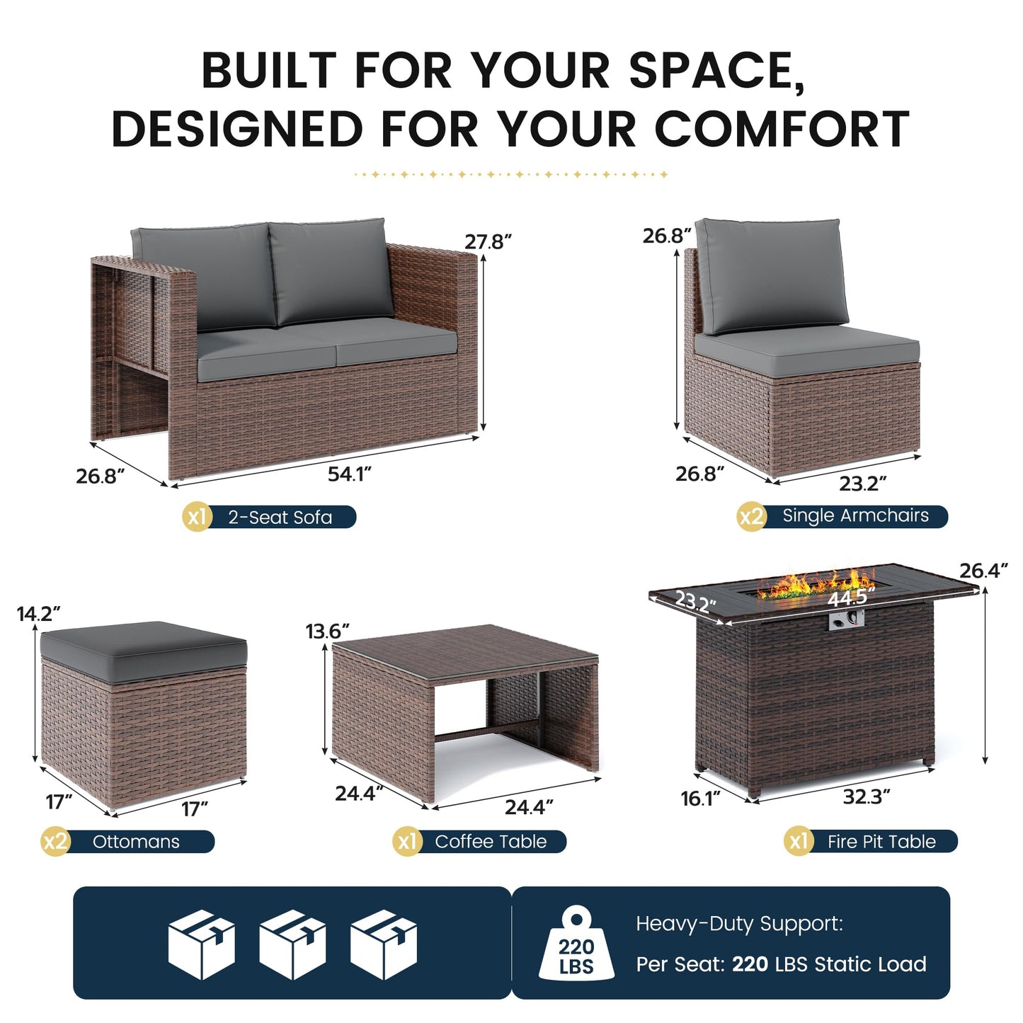 7 Pieces Patio Furniture Set with Fire Pit Table, All-Weather Wicker Outdoor Conversation Sofa Set with Glass Coffee Table, Cushions & Ottomans for Deck Backyard Porch Lawn Brown/Dark Grey