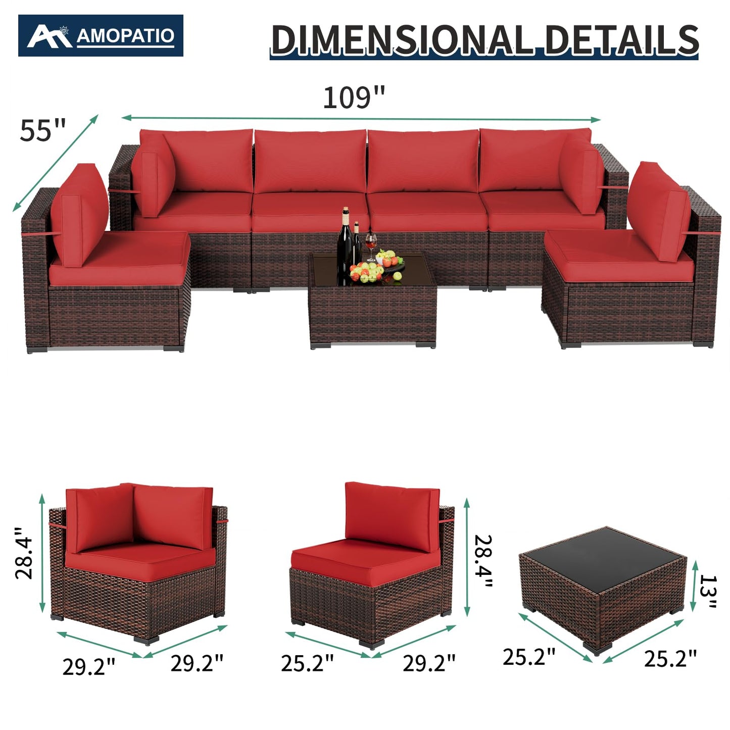 Amopatio Patio Furniture Set Modular Outdoor Sectional 7 Piece Wicker Patio Set, Multiple Combinations Outdoor Sofa w/Coffee Table, Waterproof Cover Included, Burgundy