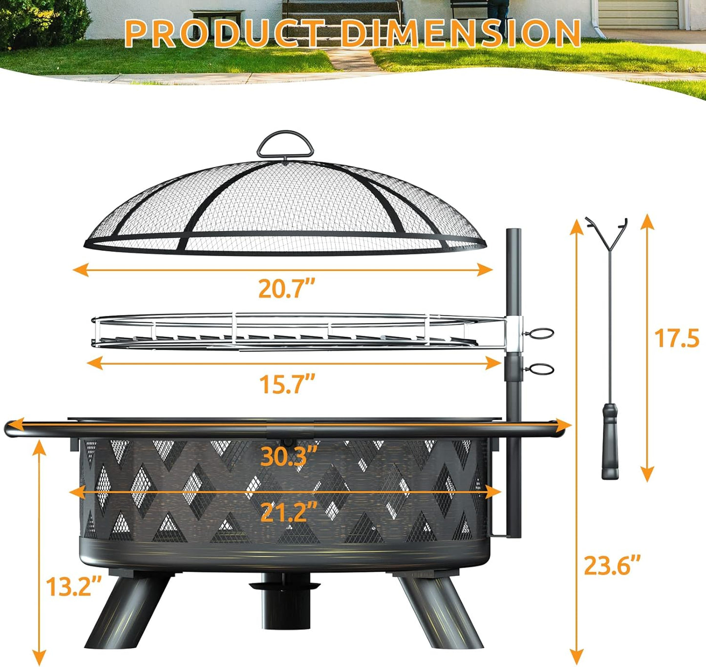 Amopatio Outdoor Fire Pit with Mat & Cover, 30 Inch Large Wood Burning Fire Pits, Patio Backyard Firepit with Steel BBQ Grill Cooking Grate, Spark Screen & Poker for Garden, Bonfire, Camping, Picnic