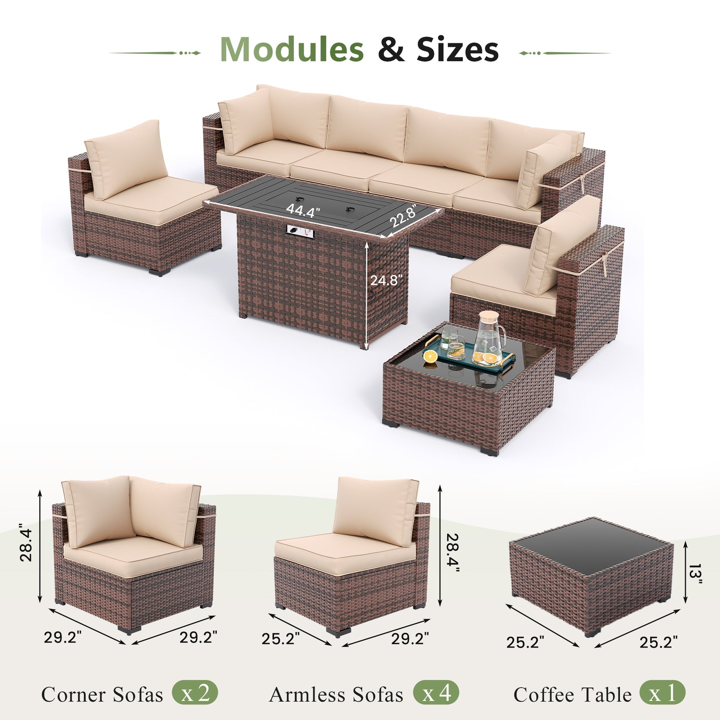 Amopatio 8 Pieces Patio Furniture Set with Fire Pit Table, Outdoor Sectional Conversation Sofa with Waterproof Cover, All-Weather Wicker for Garden, Backyard, Porch, Balcony(Khaki)