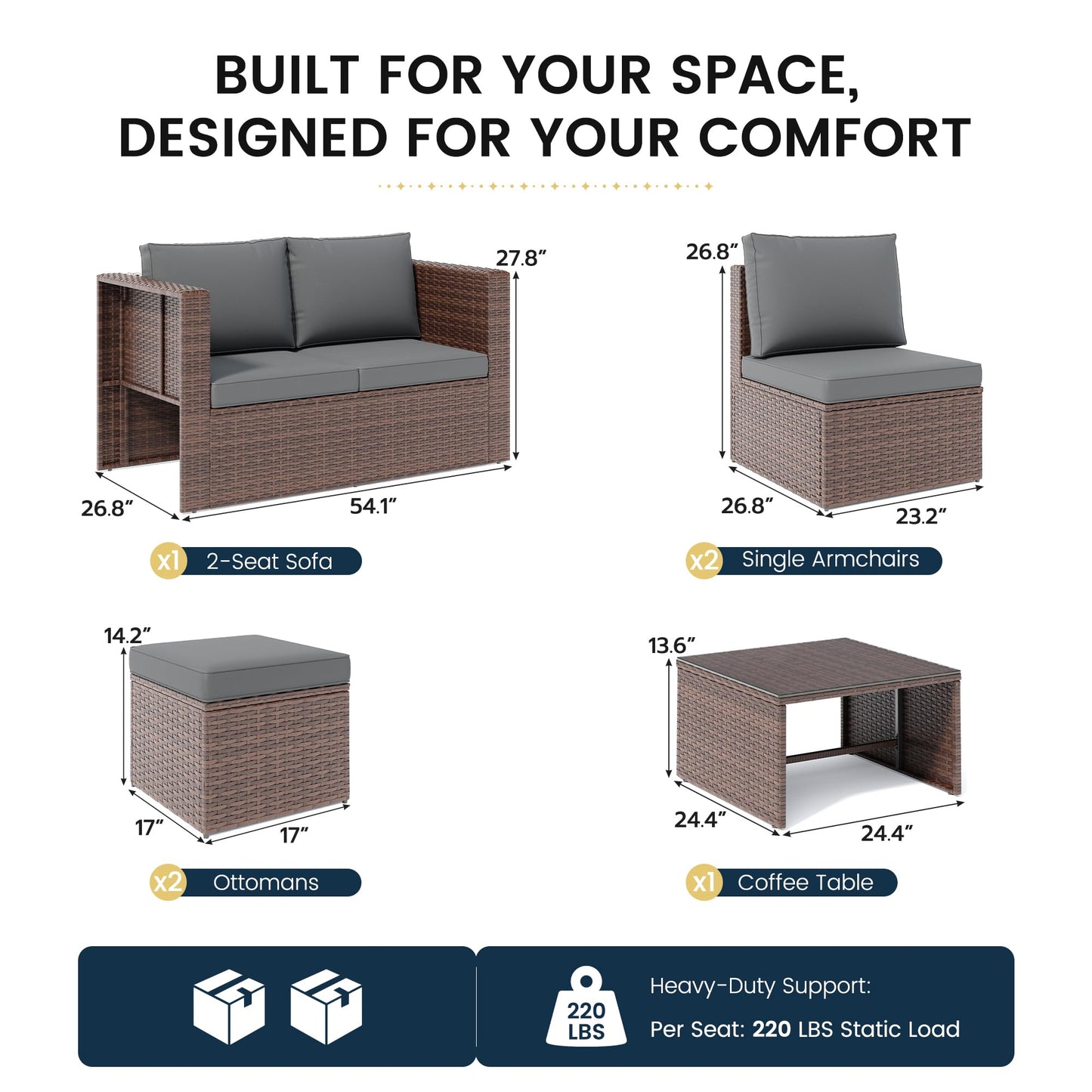 6 Pieces Patio Furniture Set,All-Weather Wicker Outdoor Conversation Sofa Set with Glass Coffee Table, Cushions & Ottomans for Deck Backyard Porch Lawn Brown/Dark Grey