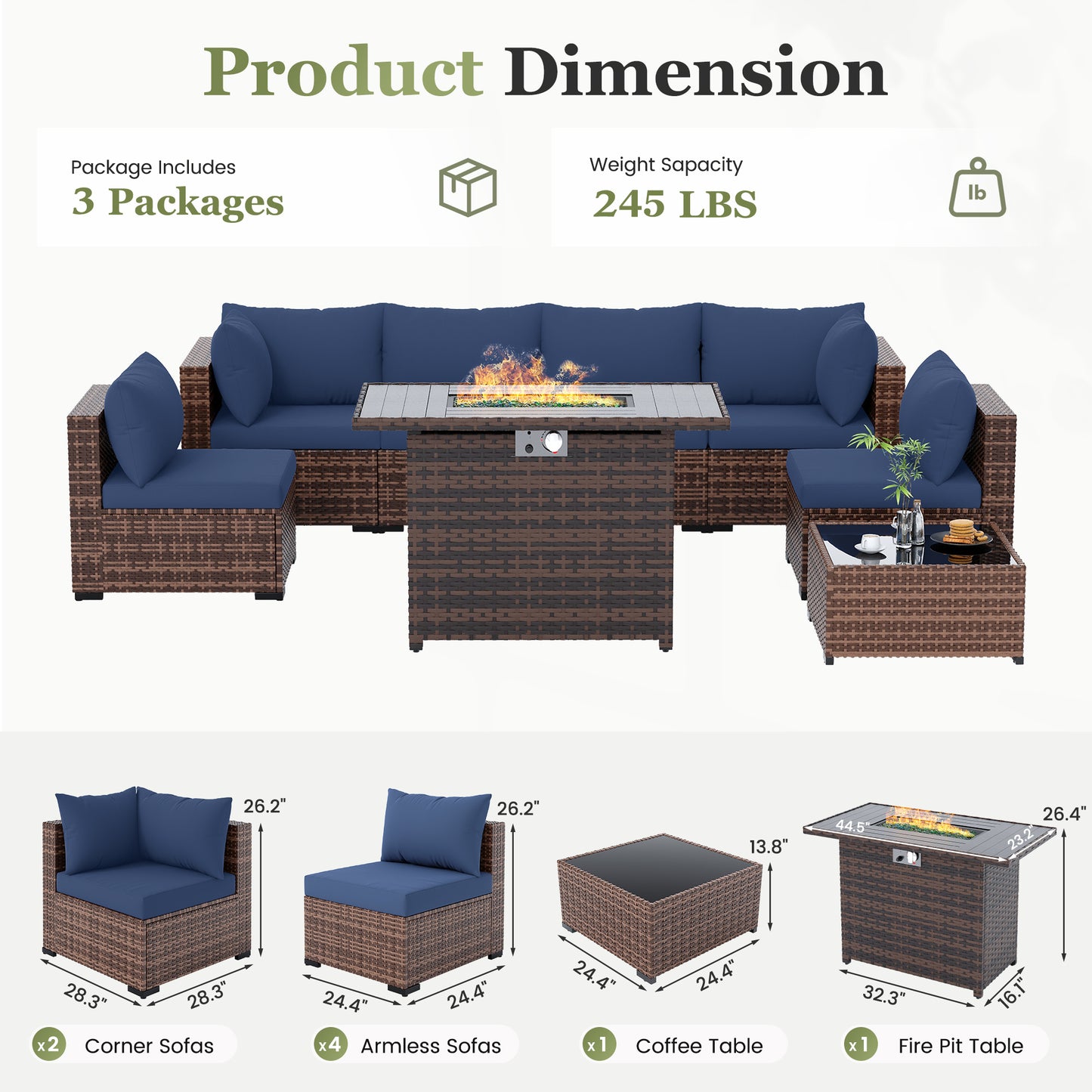 Amopatio 8 Pieces Patio Furniture Set with Fire Pit Table, All-Weather Outdoor Sectional, Wicker Conversation Set for Garden, Backyard, Porch, Balcony, Navy Blue
