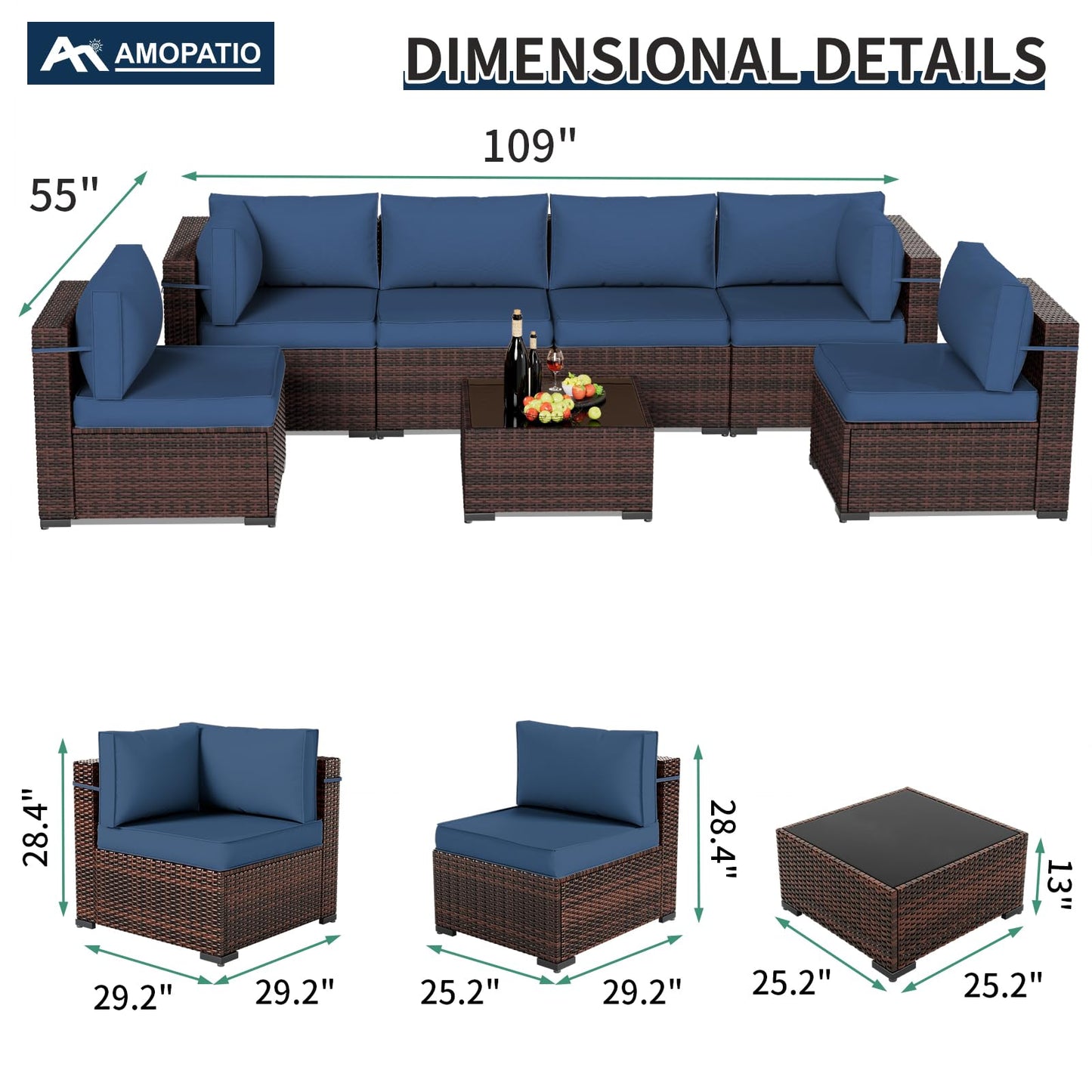 Amopatio Patio Furniture Set Modular Outdoor Sectional 7 Piece Wicker Patio Set, Multiple Combinations Outdoor Sofa w/Coffee Table, Waterproof Cover Included, Navy Blue