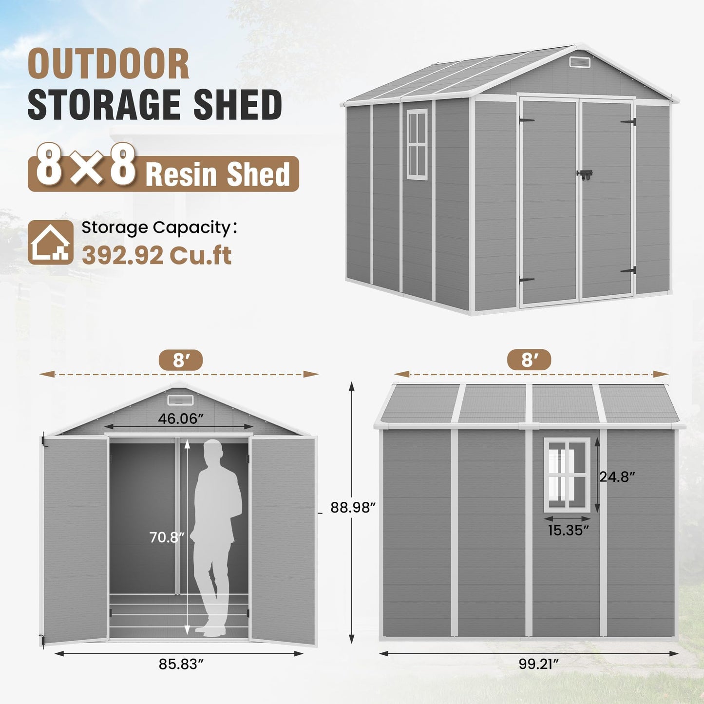 Amopatio 8x8 FT Storage Shed, Resin Outdoor Shed with Floor Included, Plastic Sheds Outdoor Storage for Bike, Garden Tools,Grey & White