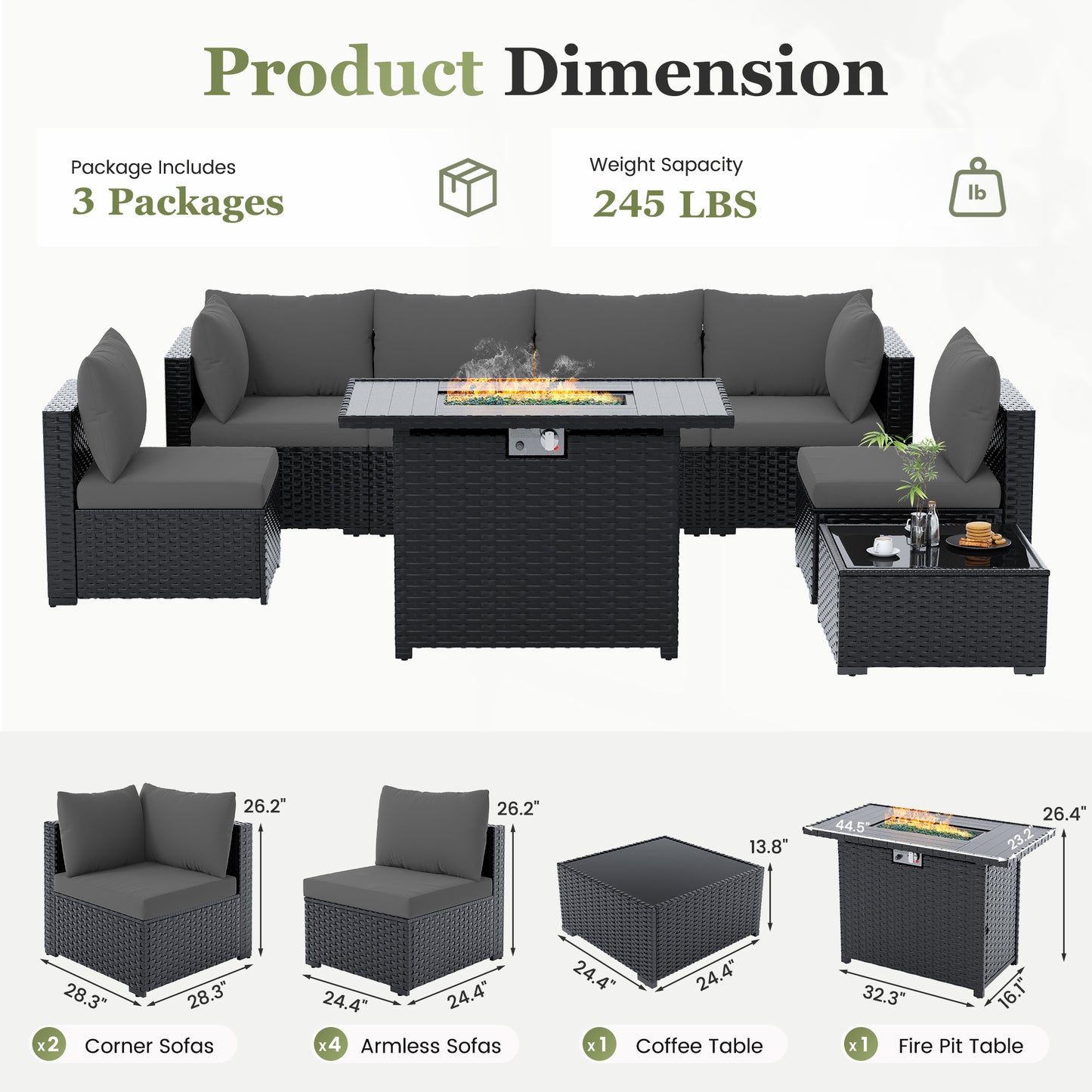 Amopatio 8 Pieces Patio Furniture Set with Fire Pit Table, Black/Grey