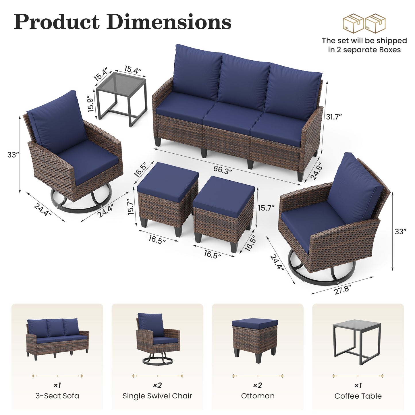 Outdoor Patio Furniture Set, 6 Pieces Conversation Sofa with 360°Swivel Chairs, All Weather Wicker Outdoor Furniture Couch for Backyard Garden Pool Deck,Blue