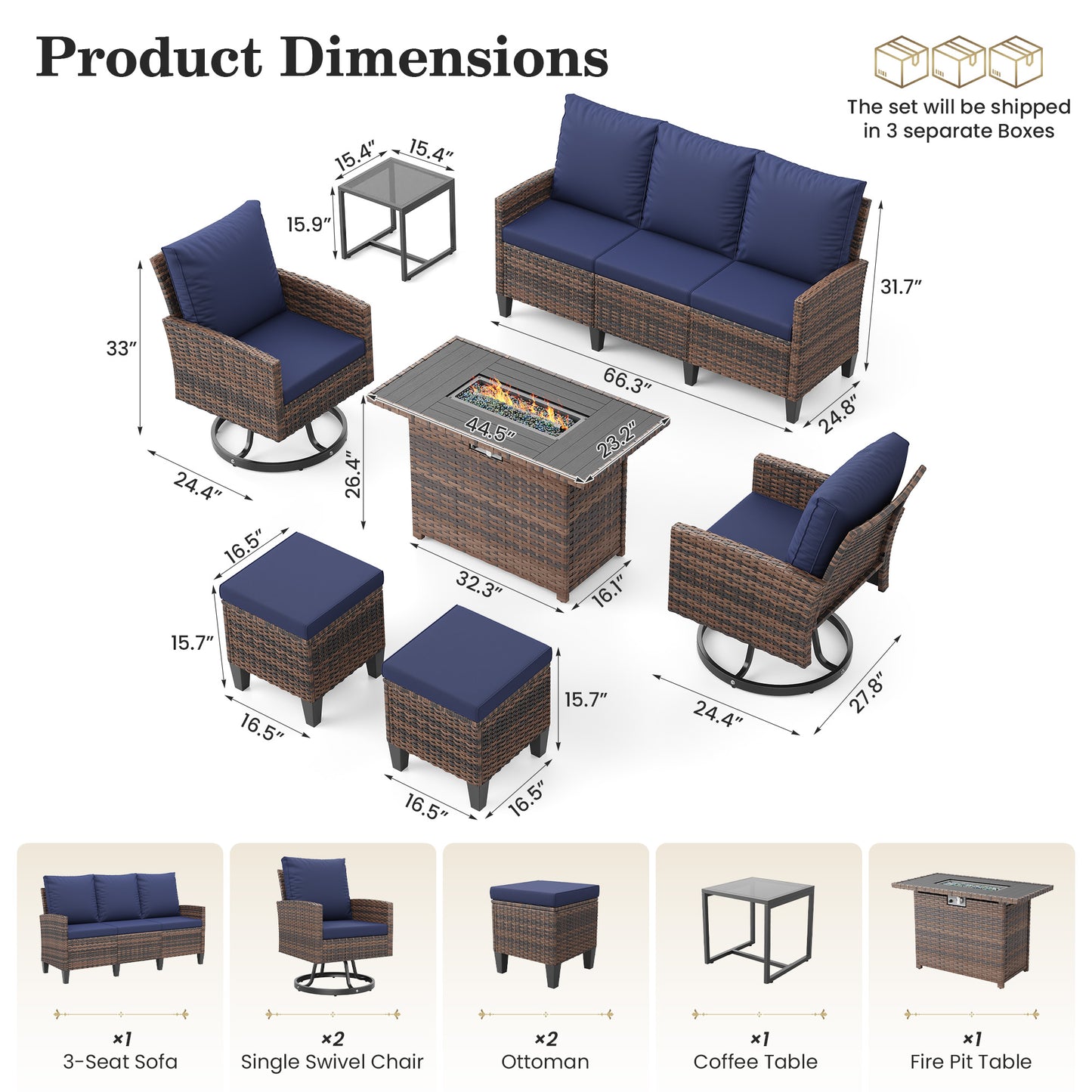 Patio Furniture Set with Fire Pit Table,7 Pieces Conversation Sofa with 360°Swivel Chairs, All Weather Wicker Outdoor Furniture Couch for Backyard Garden Pool Deck,Blue