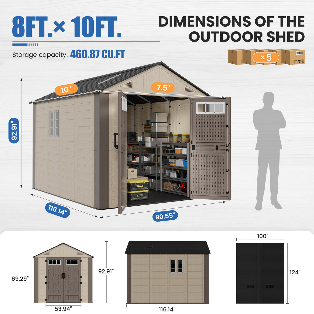 Amopatio 8x10 FT Outdoor Storage Shed with Floor, Large HDPE Resin Shed with Lockable Door, Window & Vents, for Bike, Garden Tools, Pool Supplies, khaki