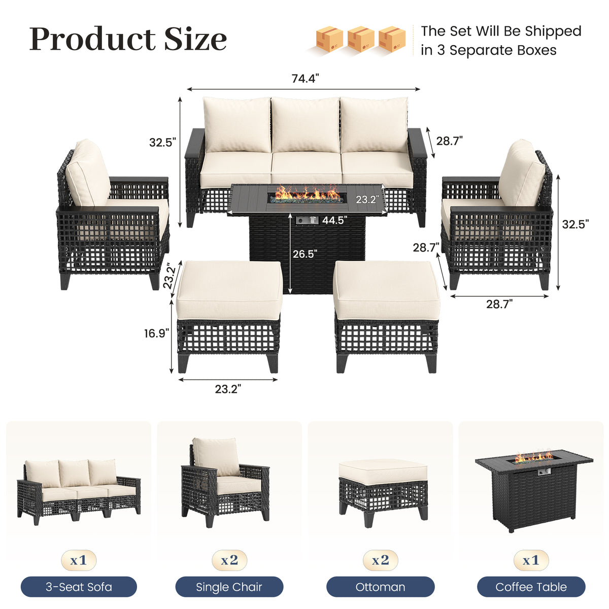 Amopatio Patio Furniture Set with Fire Pit Table, Wicker Conversation Set, Beige