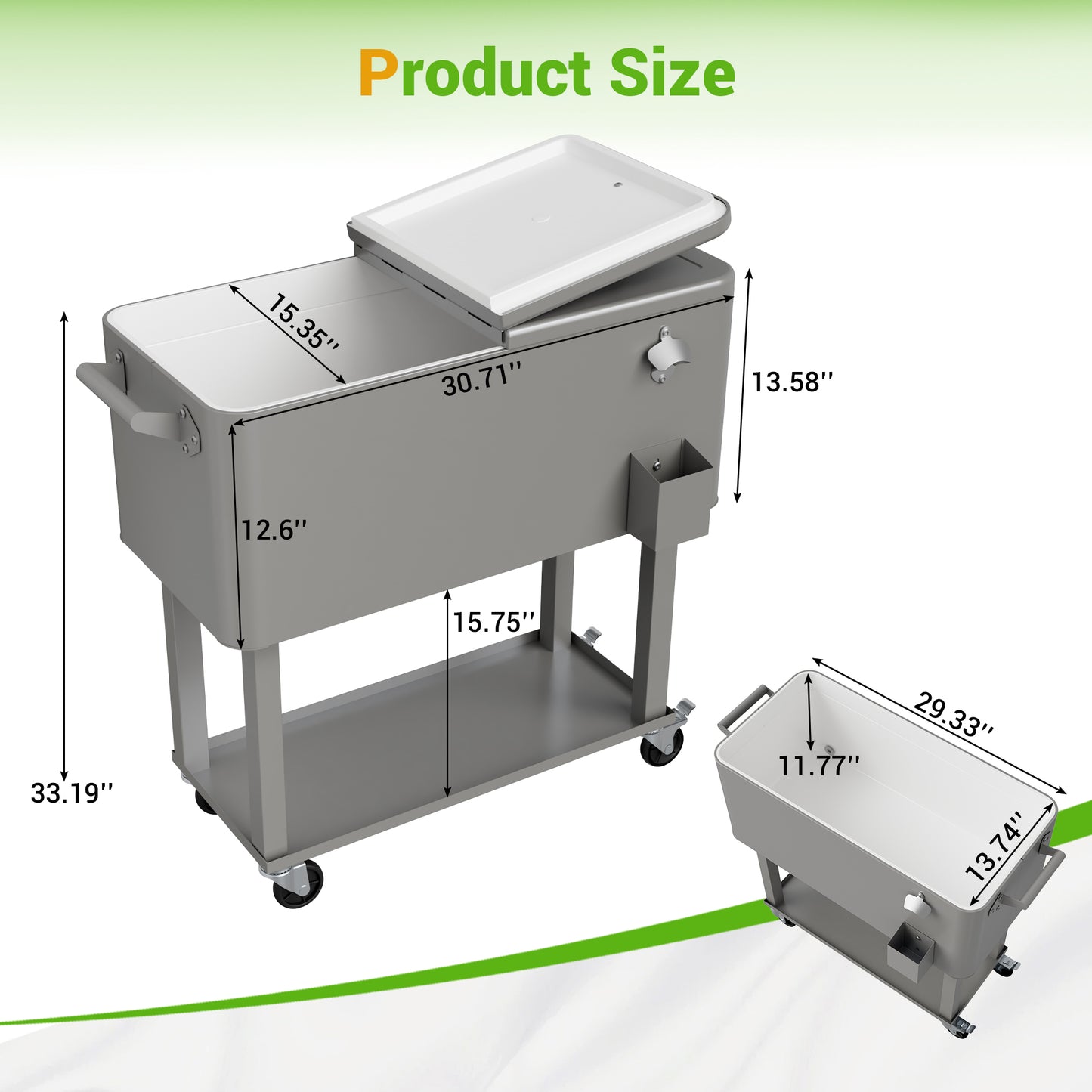 80 Quart Rolling Ice Chest Cooler Cart with Shelf, Heavy Duty Insulated Cooler Box on Wheels with Drain Plug, Weather Resistant Outdoor Party BBQ Drink Cart
