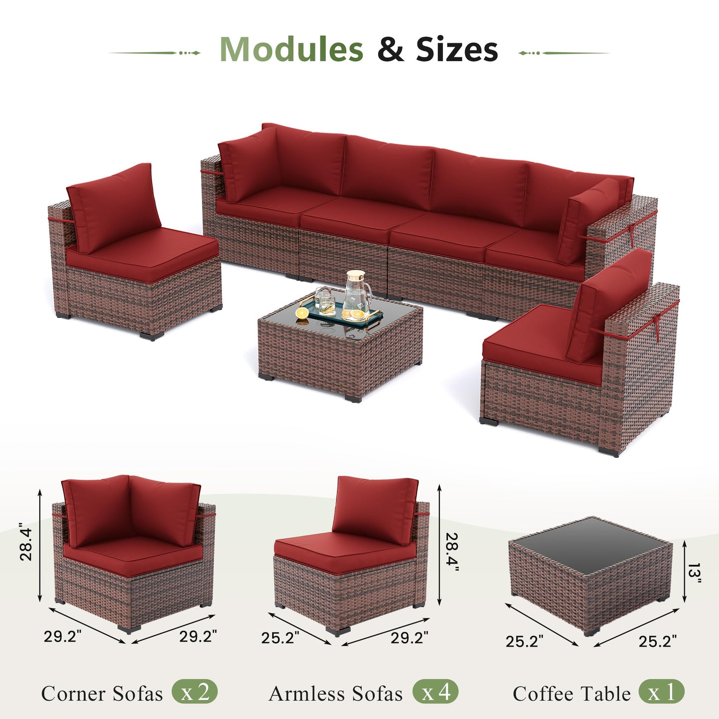 Amopatio Patio Furniture Set Modular Outdoor Sectional 7 Piece Wicker Patio Set, Multiple Combinations Outdoor Sofa w/Coffee Table, Waterproof Cover Included, Burgundy
