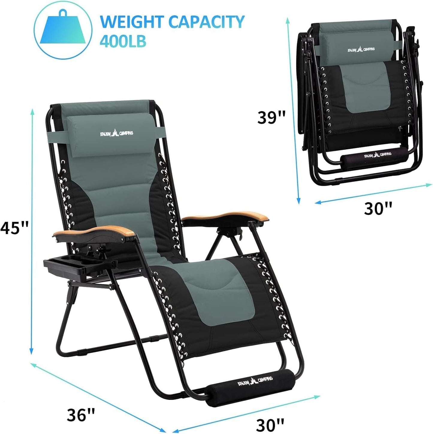 Amopatio Oversized Zero Gravity Chair Set of 2 with Cup Holder, Folding Padded Reclining Lounge Chair with Footrest & Headrest for Indoor and Outdoor, Support 400LBS, Grey
