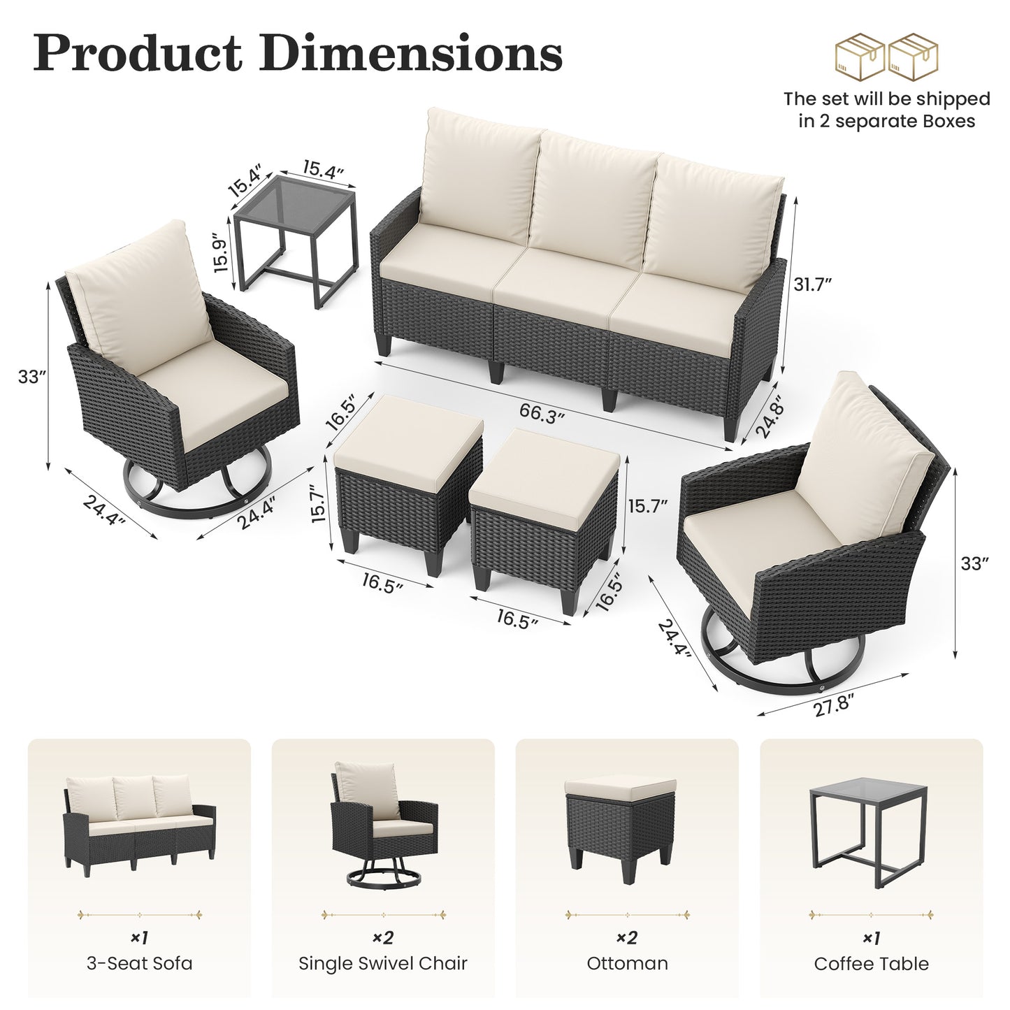 Outdoor Patio Furniture Set, 6 Pieces Conversation Sofa with 360°Swivel Chairs, All Weather Wicker Outdoor Furniture Couch for Backyard Garden Pool Deck,Beige