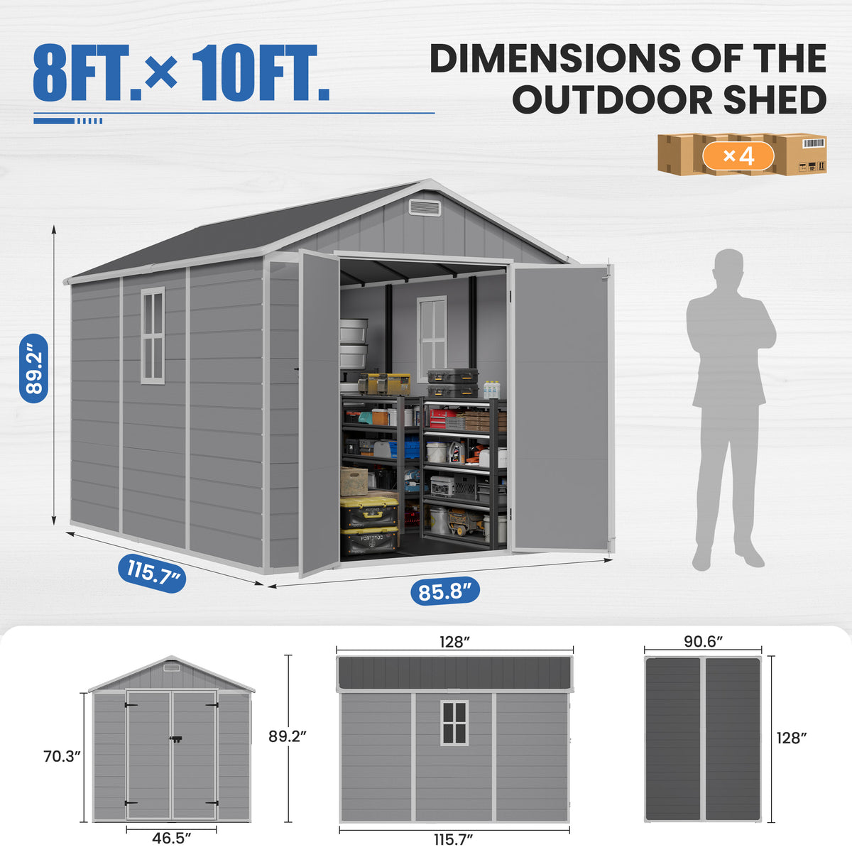 Amopatio 8X10 FT Outdoor Resin Storage Shed with Floor Included, Plastic Tool Shed with Lockable Door, Window & Vents, Waterproof, for Bike & Garden Tools, Light Grey