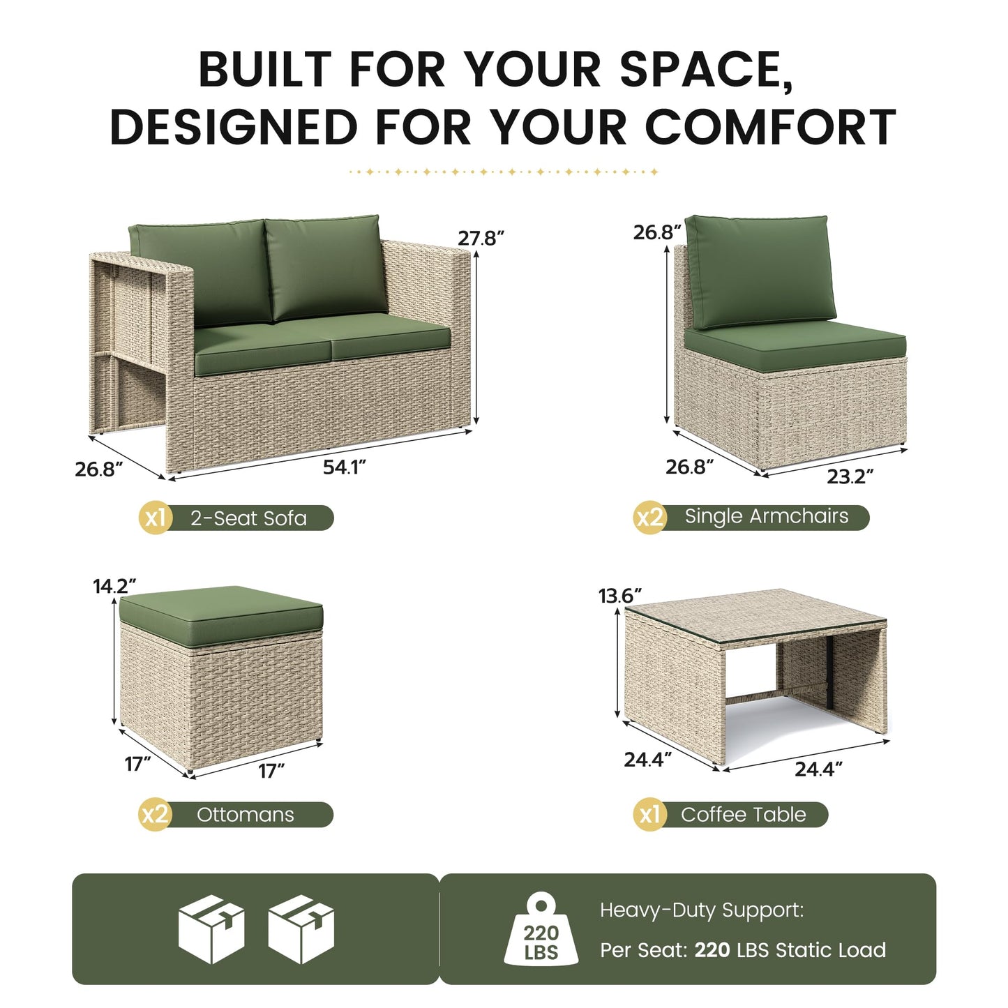 6 Pieces Patio Furniture Set, All-Weather Wicker Outdoor Conversation Sofa Set with Glass Coffee Table, Cushions & Ottomans for Deck Backyard Porch Lawn Green