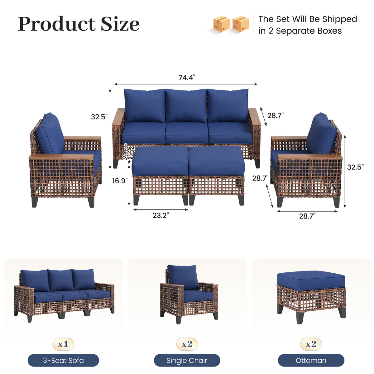 Amopatio Outdoor Patio Furniture Set 7-Piece Wicker Conversation Set, Blue