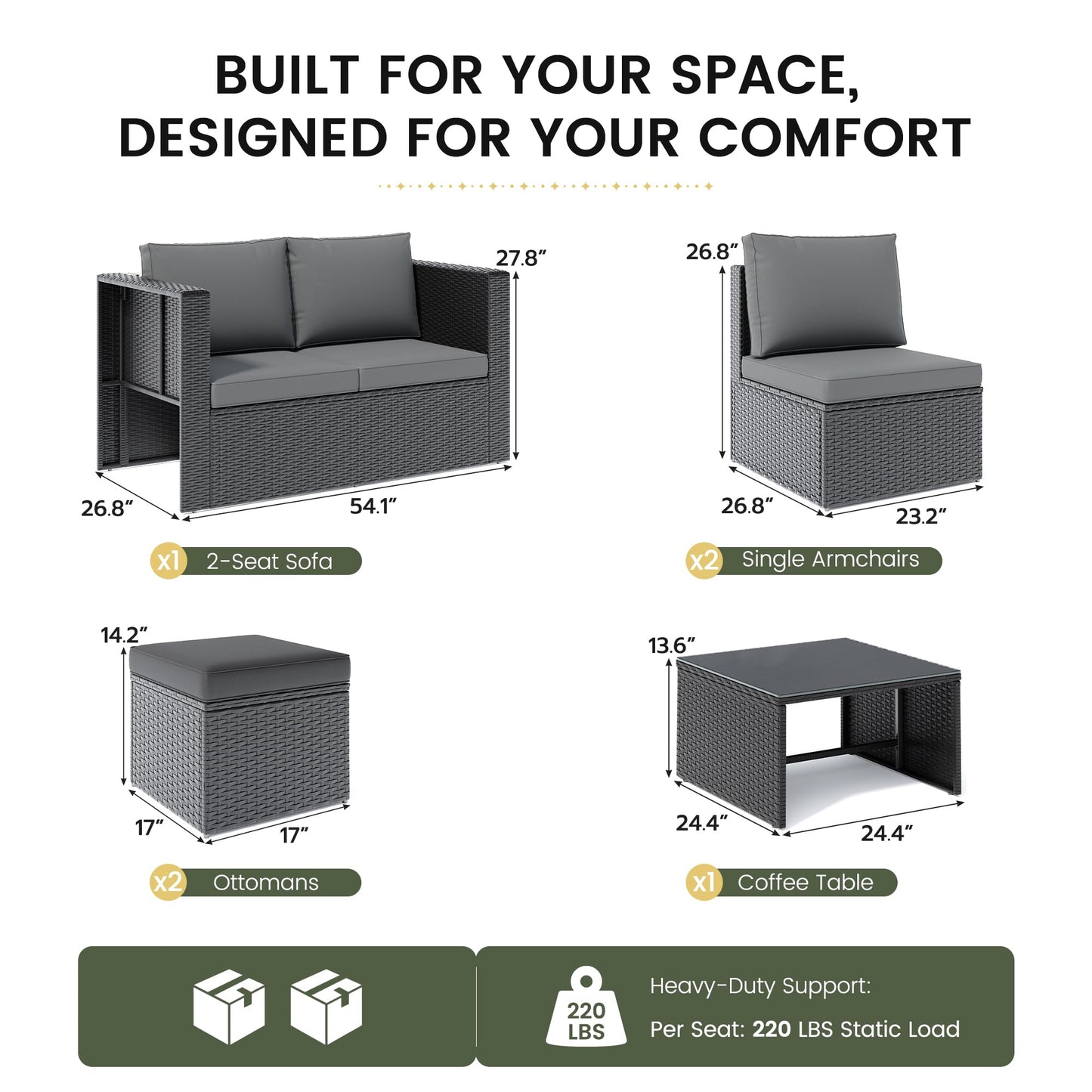 6 Pieces Patio Furniture Set,All-Weather Wicker Outdoor Conversation Sofa Set with Glass Coffee Table, Cushions & Ottomans for Deck Backyard Porch Lawn Black/Dark Grey